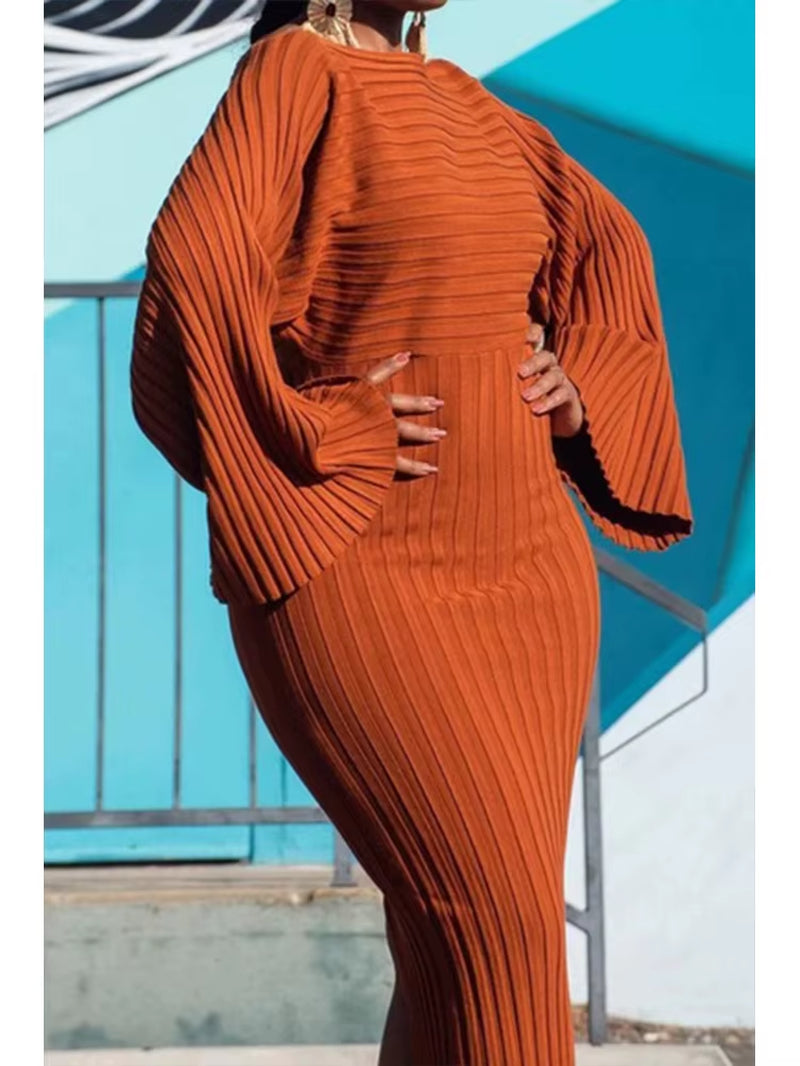 Women's Elegant Batwing Sleeve Knitted Rib Bodycon Dress with Round Neck - Casual Autumn Vintage Collection 2024