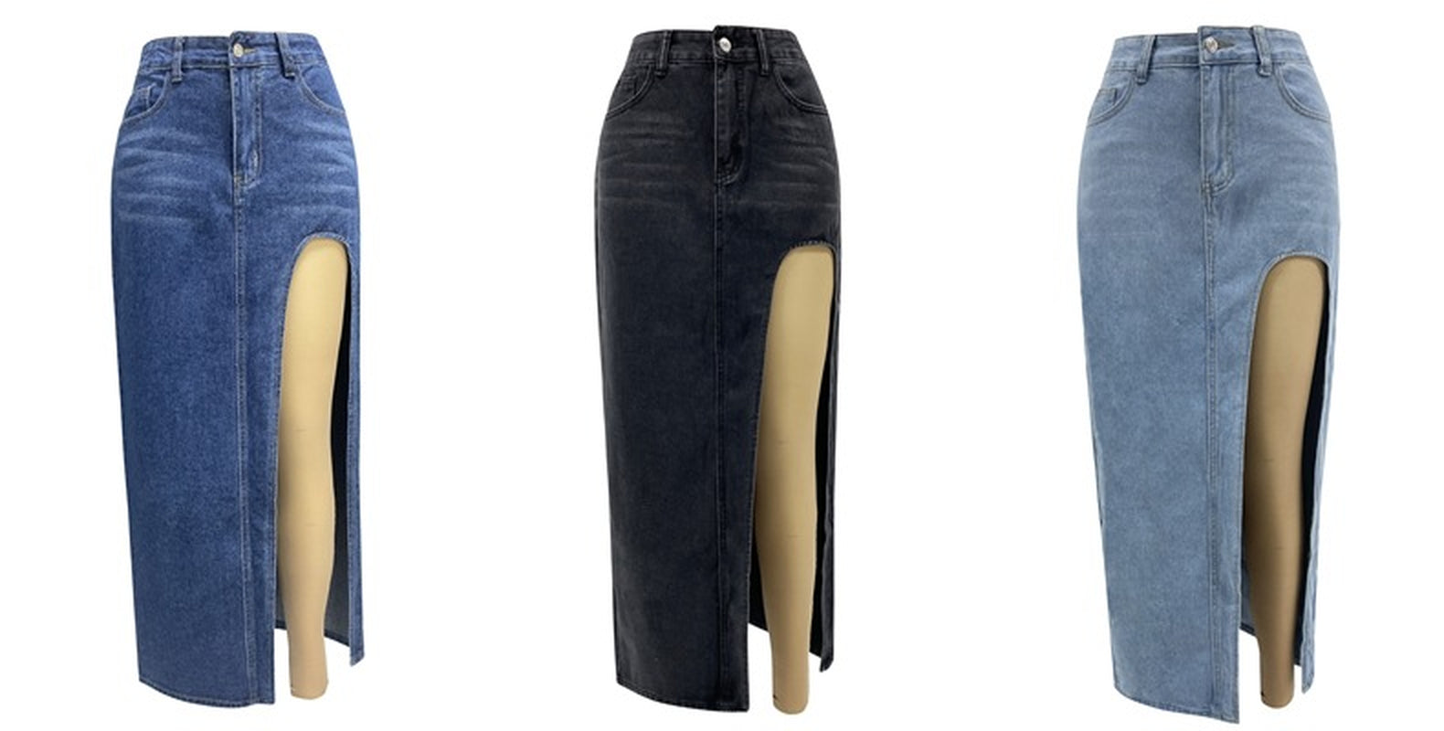Washed Solid Color Midi Denim Skirt with High Slit for Women