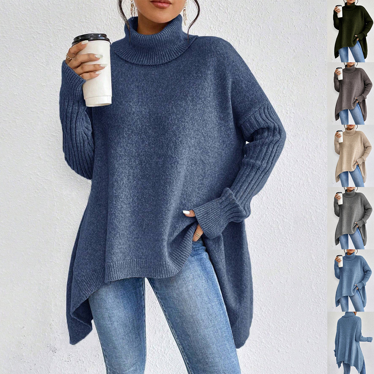 Irregular Turtleneck Loose-Fit Knitted Sweater for Women - Long Sleeve Winter Pullover