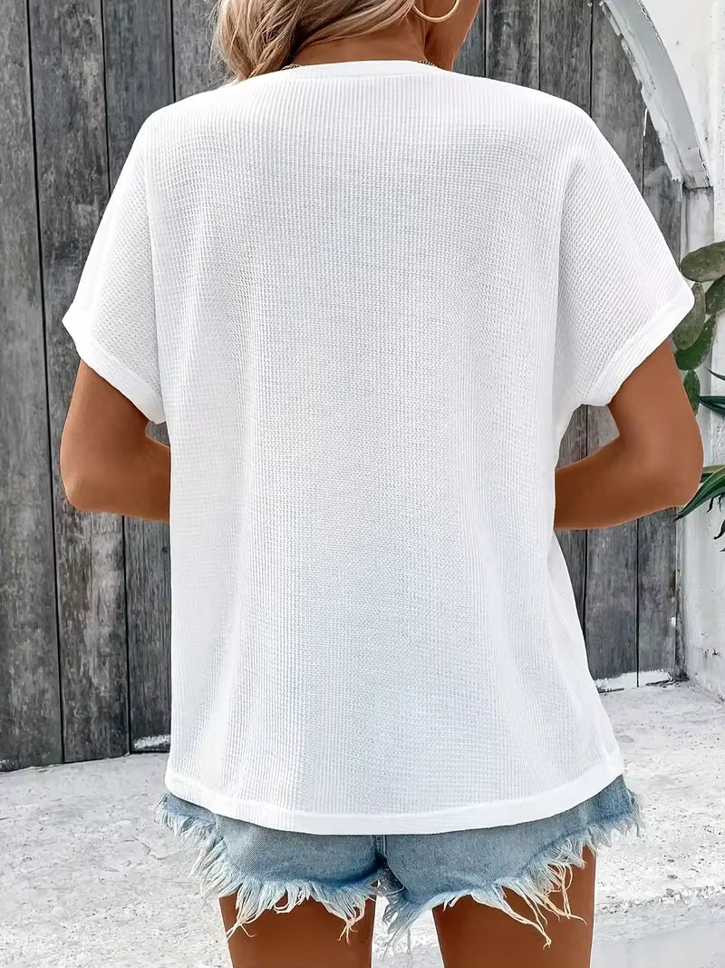 Women's Summer Large Solid Color Short Sleeve V-Neck T-Shirt - Casual Loose Fit with Three-Point Sleeves