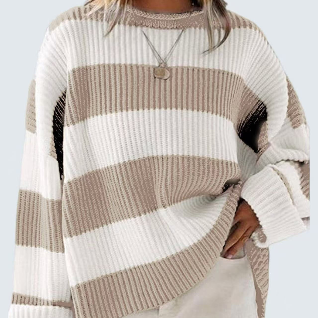 Women's Casual Long Batwing Sleeve Striped Knit Pullover Sweater