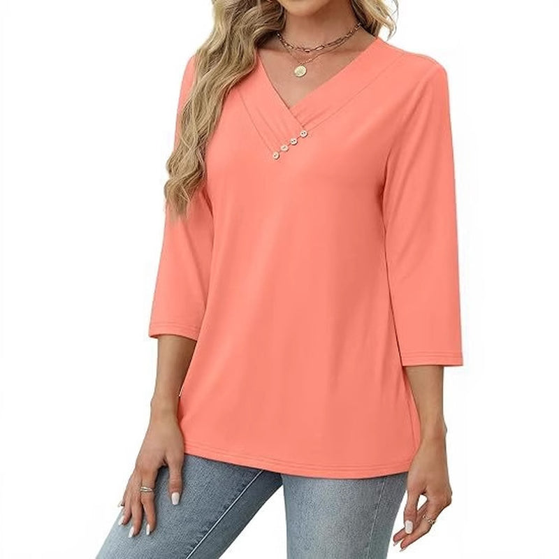 European and American Autumn Women's Button V-Neck Casual T-Shirt