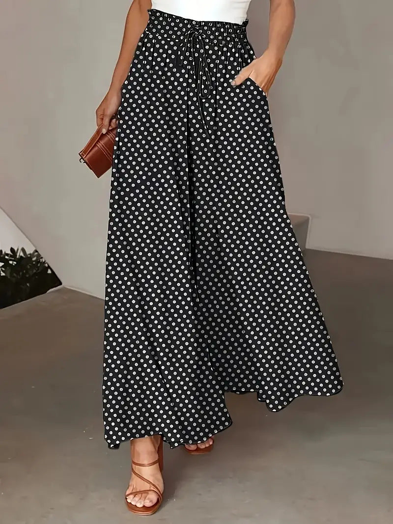 Polka Dot Print Wide-Leg Trousers with Elastic Waist for Women