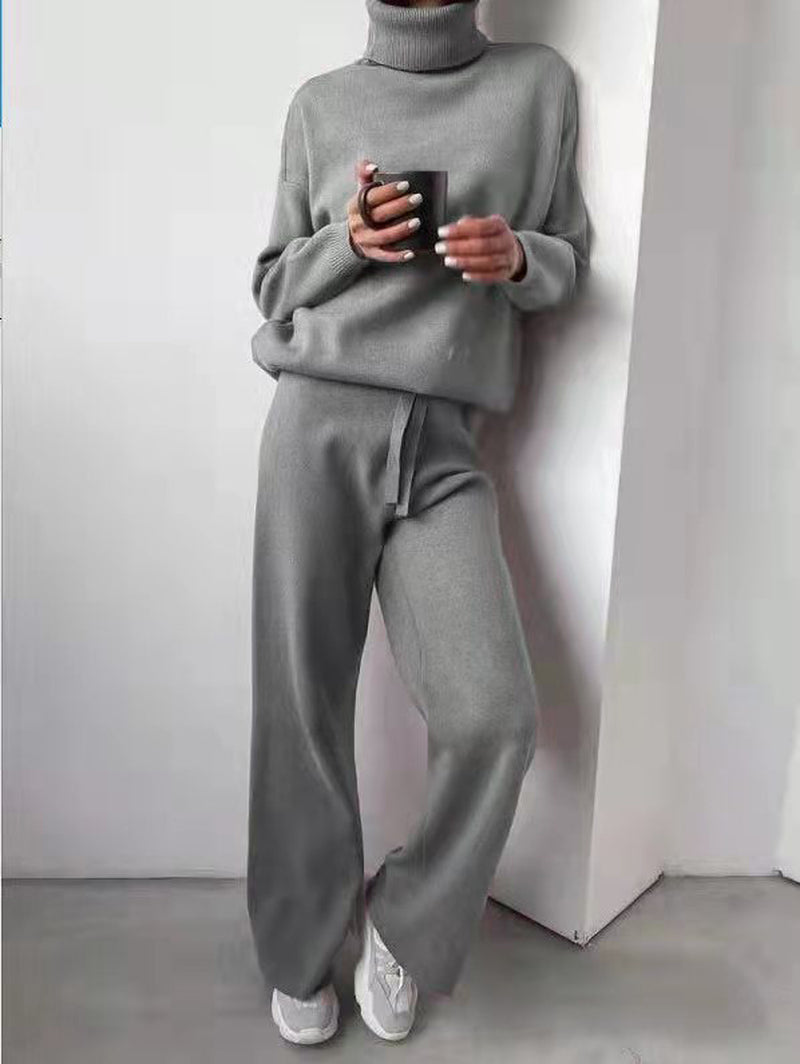 Casual Fashion Suits for Women Turtleneck Sweater and Drawstring Straight Pants
