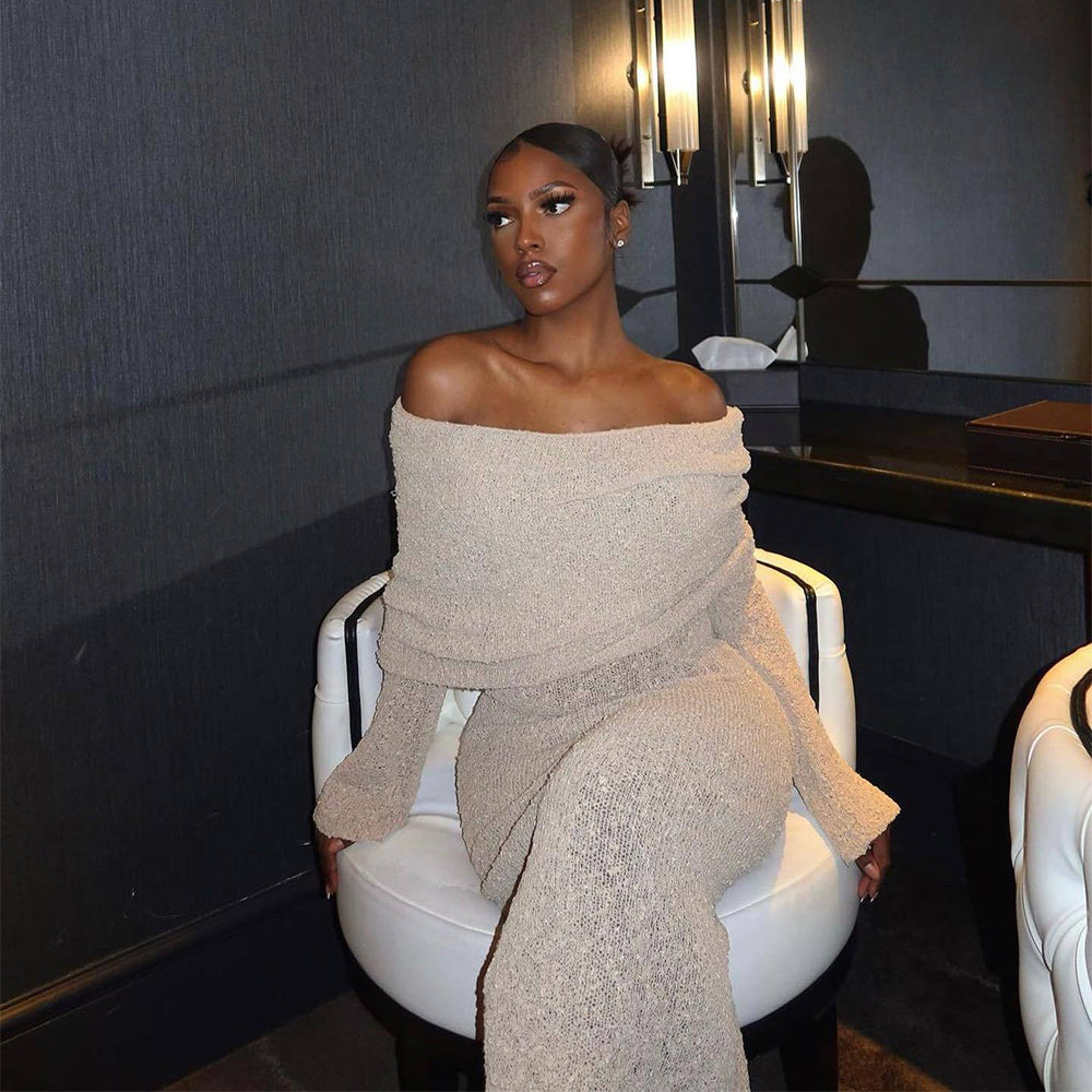 One-Shoulder Knitted Long-Sleeved Dress for Women - Elegant Beach Holiday Attire