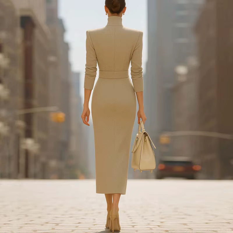 Elegant V-Neck Long Sleeve Dress for Women - Autumn/Winter High Waist Office and Evening Wear with Split Detail