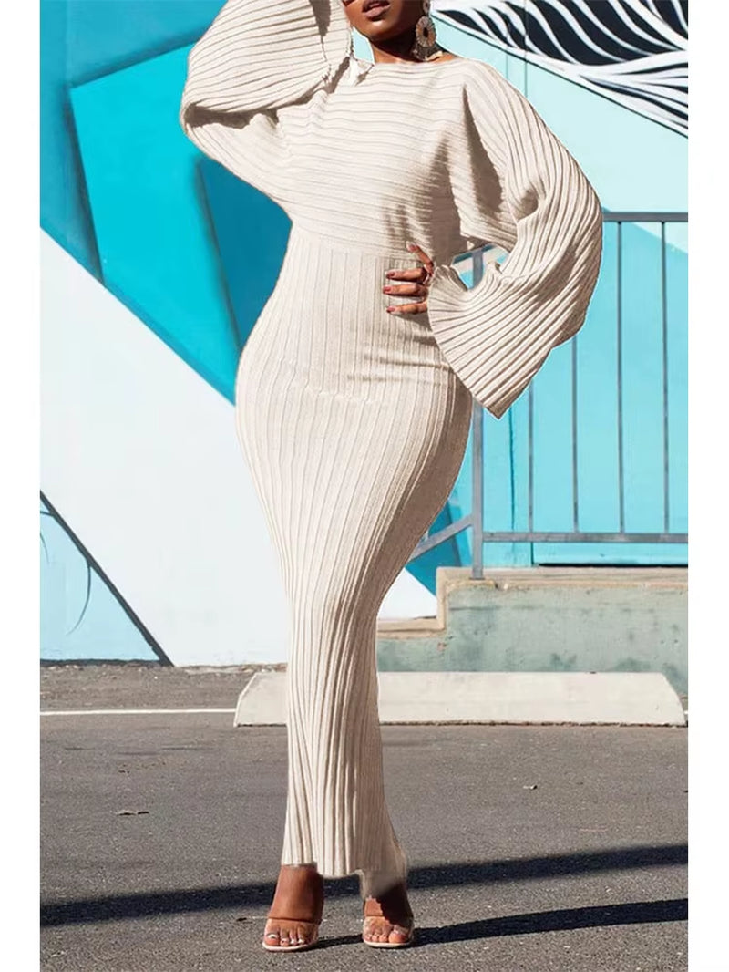 Women's Elegant Batwing Sleeve Knitted Rib Bodycon Dress with Round Neck - Casual Autumn Vintage Collection 2024