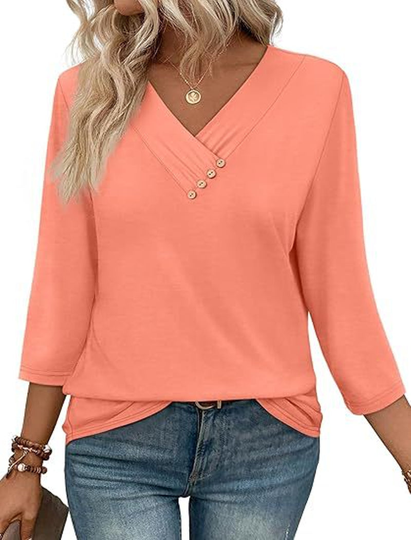 European and American Autumn Women's Button V-Neck Casual T-Shirt