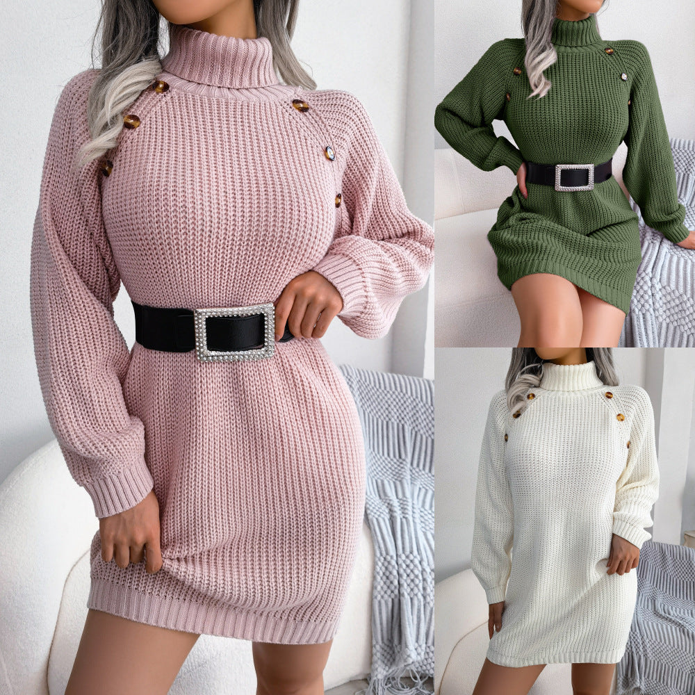 Winter Turtleneck Long Sleeve Sweater Dress for Women with Button Detail