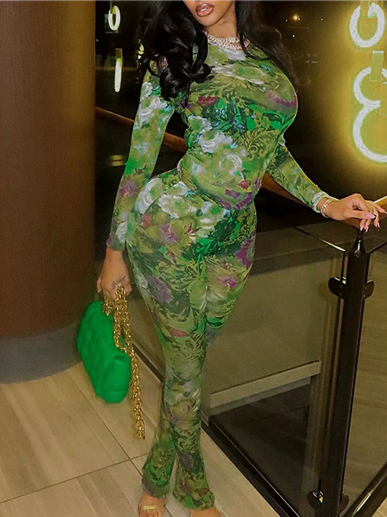 Women'S Mesh Printed round Neck Long Sleeved Tight Fitting Top, Mesh Printed Long Pants Casual Set