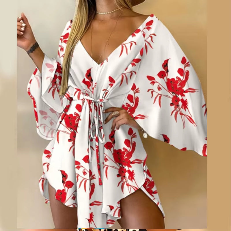 Bohemian Floral Print V-Neck Bat Sleeve Mini Dress for Women - Summer Vacation Sundress