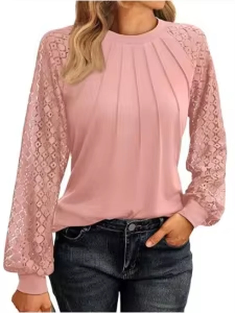 Elegant Lace Pleated Solid Color Blouse for Women - Round Neck Lantern Long Sleeves for Autumn Casual Wear
