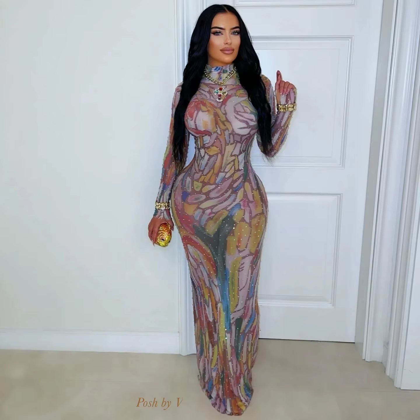 Designer Long Sleeve Performance Dress with Water-Media Net and Diamond Heating for Elegant Birthday Dance Parties