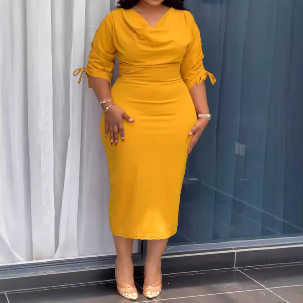 Solid Color Drawstring Split Dress for Women - Autumn and Winter Collection