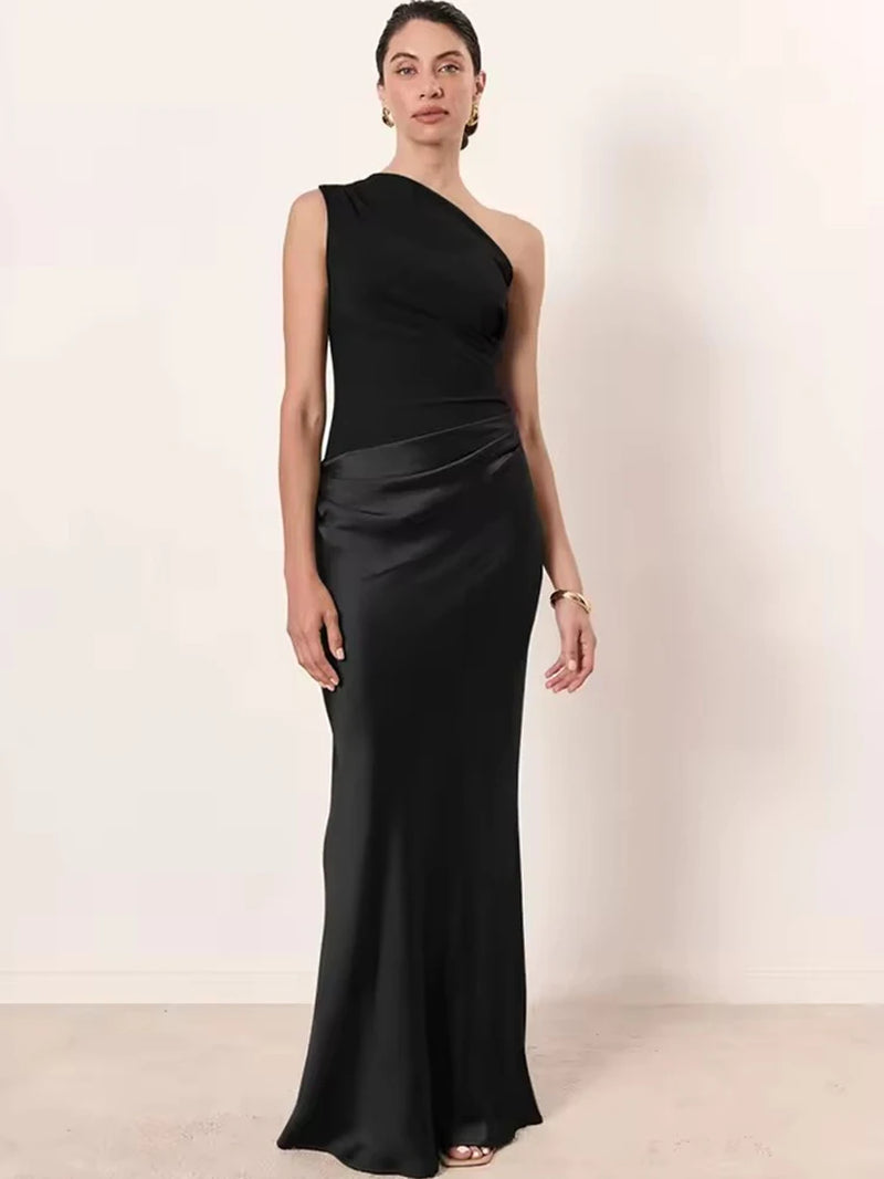 Elegant One-Shoulder Brown Satin Maxi Dress for Women - Sleeveless Evening and Summer Party Wear