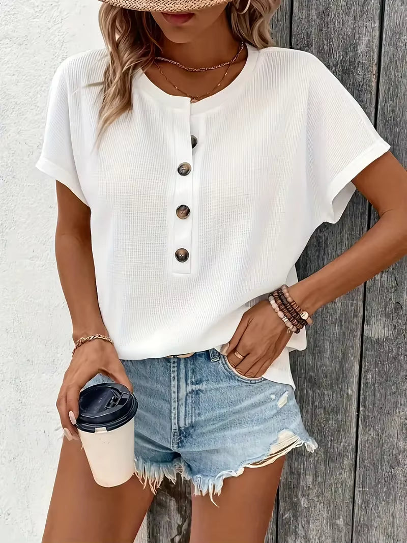 Women's Summer Large Solid Color Short Sleeve V-Neck T-Shirt - Casual Loose Fit with Three-Point Sleeves