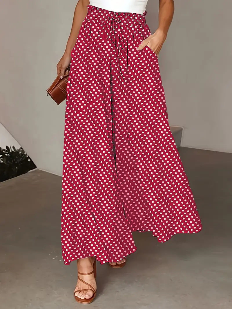 Polka Dot Print Wide-Leg Trousers with Elastic Waist for Women