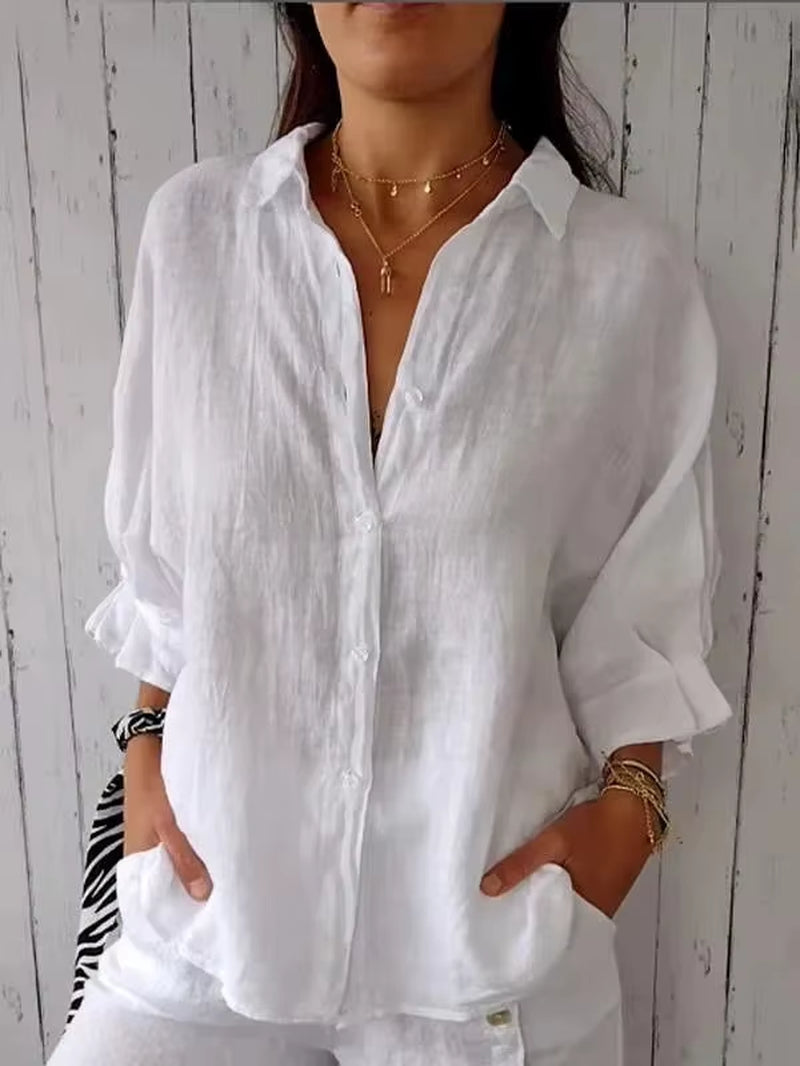 Women's Summer Cotton Linen Shirt - Casual Loose Fit Blouse for Streetwear