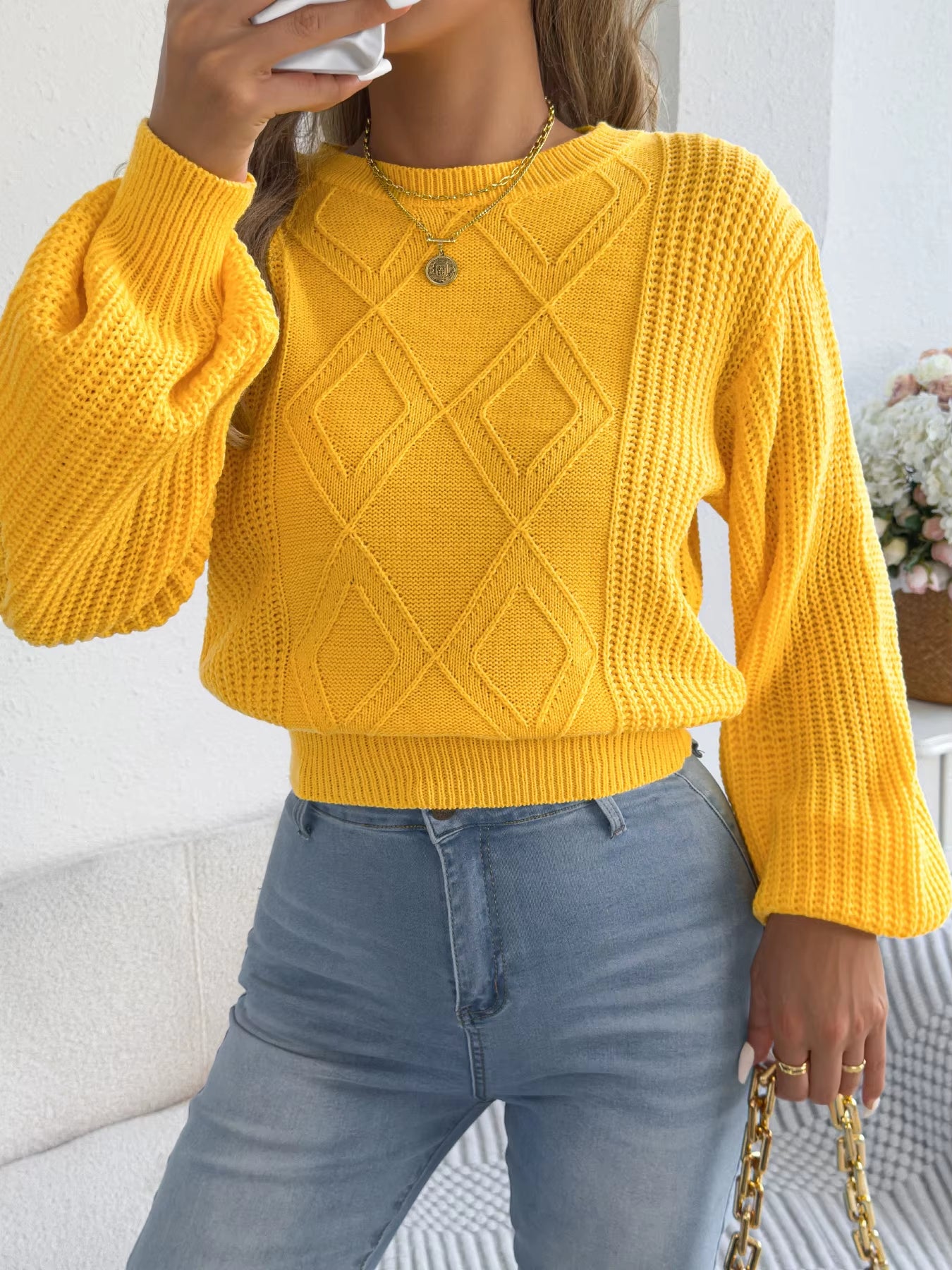 Women'S Solid Color round Neck Lantern Long Sleeve Knitted Sweaters for 2025 Autumn Winter Clothes Yellow Red Khaki