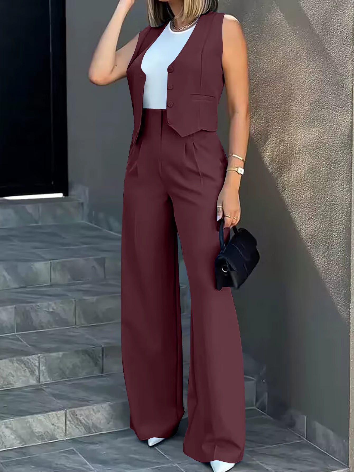 Stylish Women Commuting Vest Tops High Waist Wide Leg Pants 2024 Spring Autumn V Neck Sleeveless Button Regular Work Pants Set