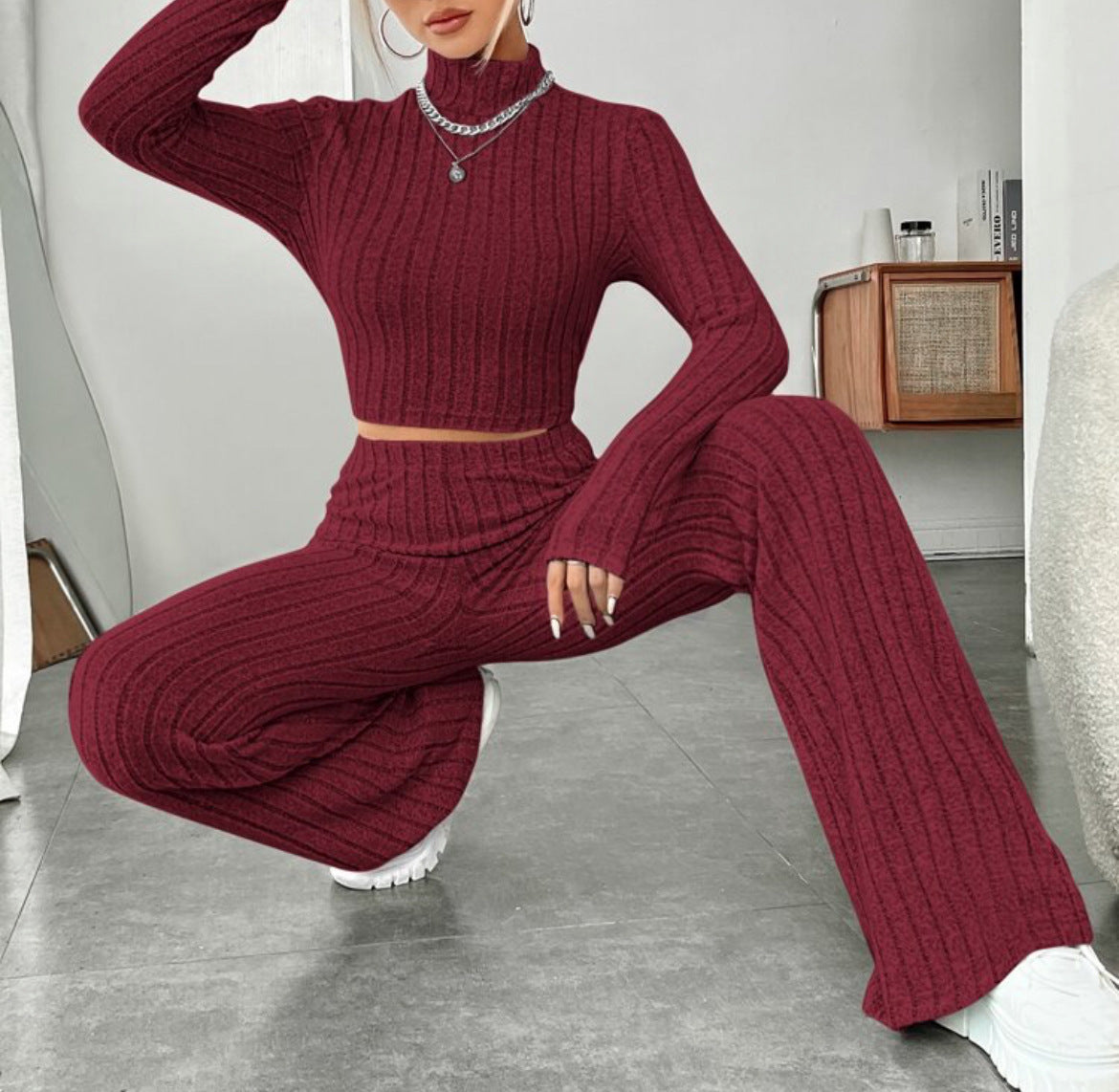 Long Sleeve Turtlenecks Wide Leg High Waist Trousers Suit