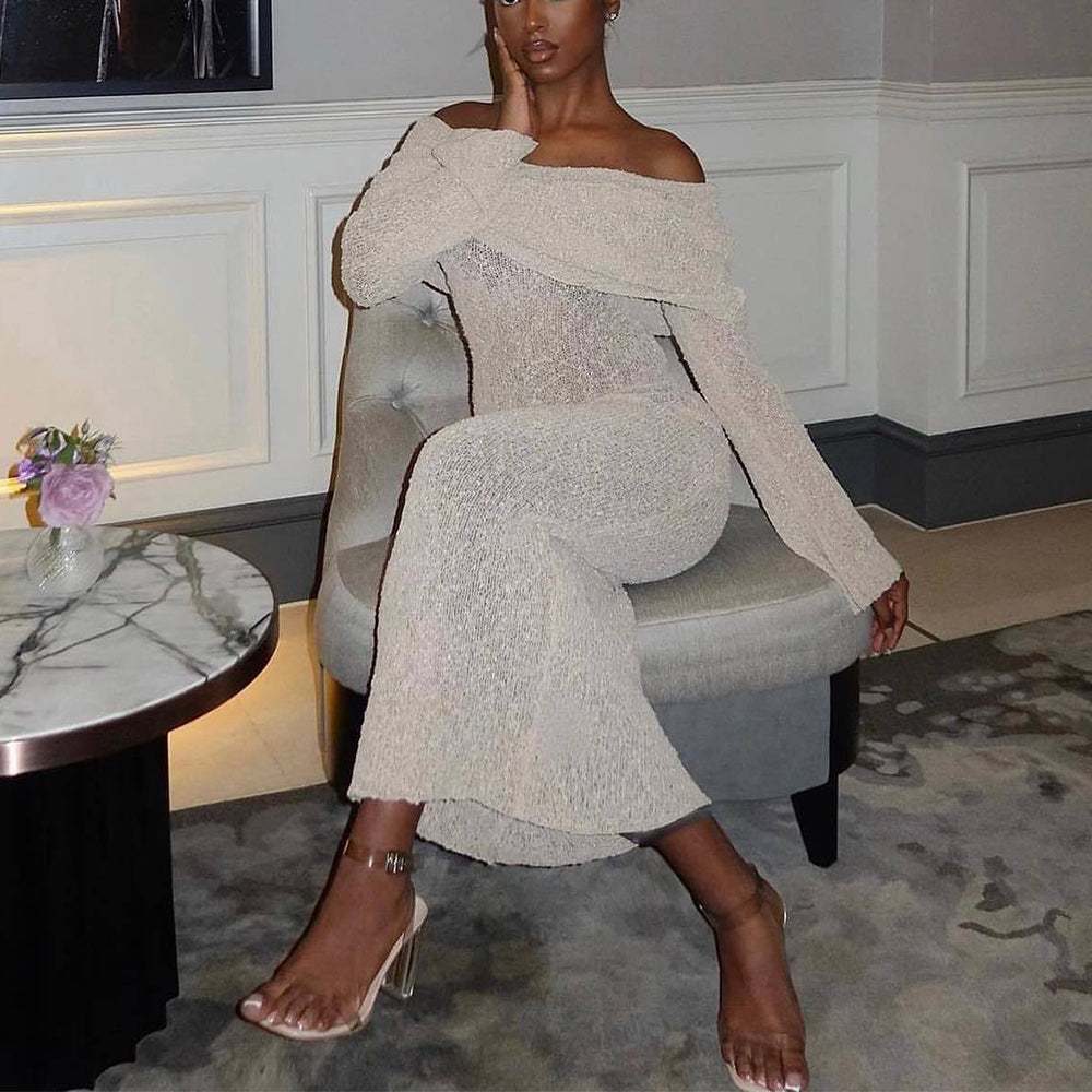One-Shoulder Knitted Long-Sleeved Dress for Women - Elegant Beach Holiday Attire