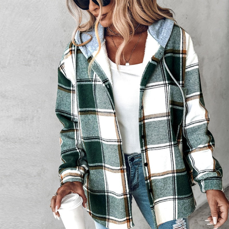 Plaid Hooded Jacket with Button Pockets for Women - Casual Autumn and Winter Outerwear
