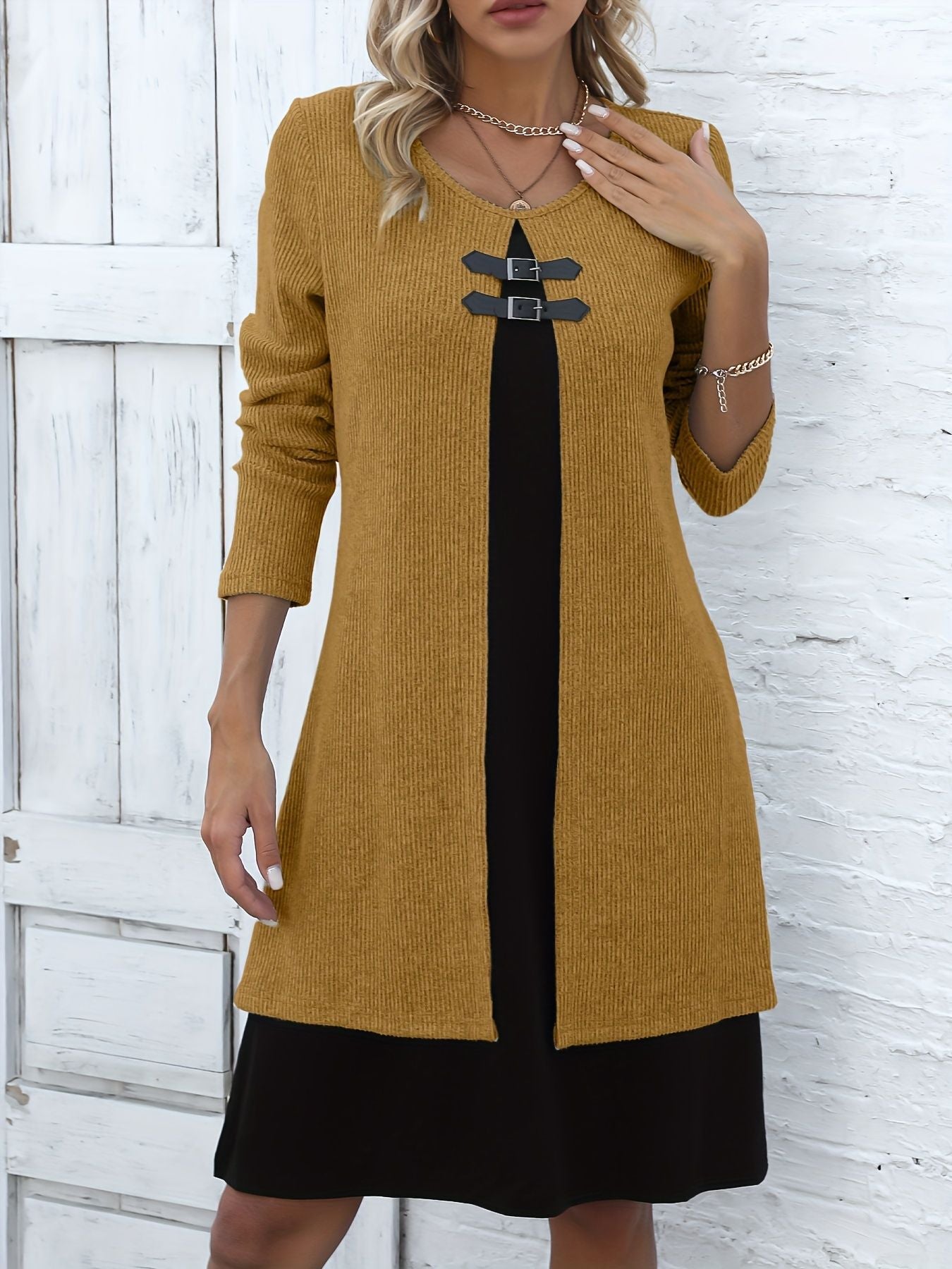 Contrast-Color A-Line Sweater Dress with Buckle Detail, Round Neck, Long Sleeves - Women's Fall/Winter Fashion