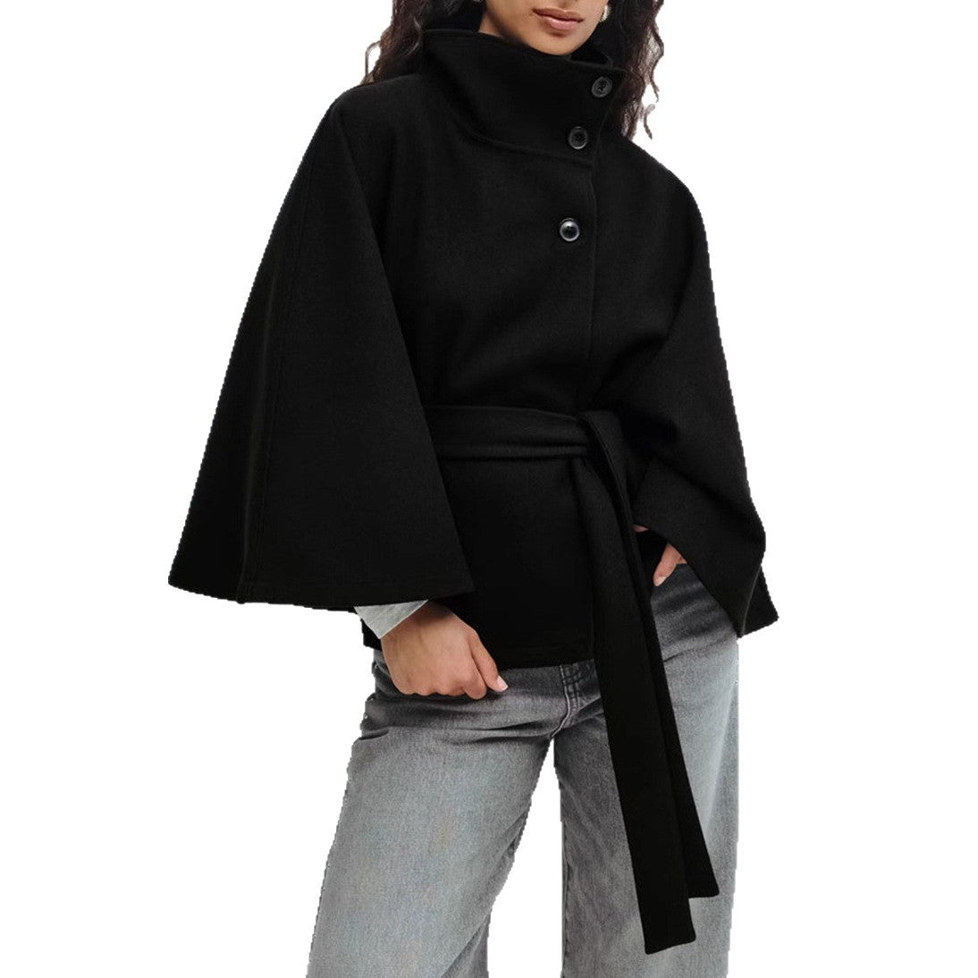 Elegant Women's Winter High Neck Batwing Sleeve Belted Trench Coat