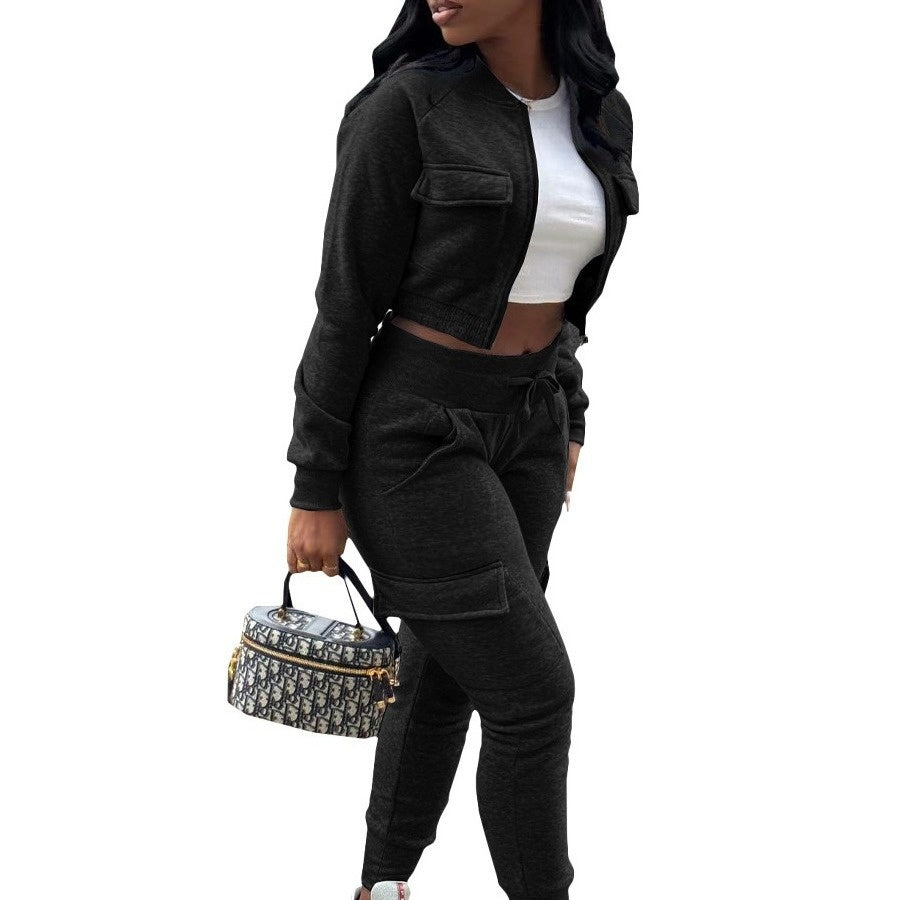 European and American Women'S Clothing Thread Patchwork Sweater Fleece Work Pants Leisure Sports Two-Piece Set