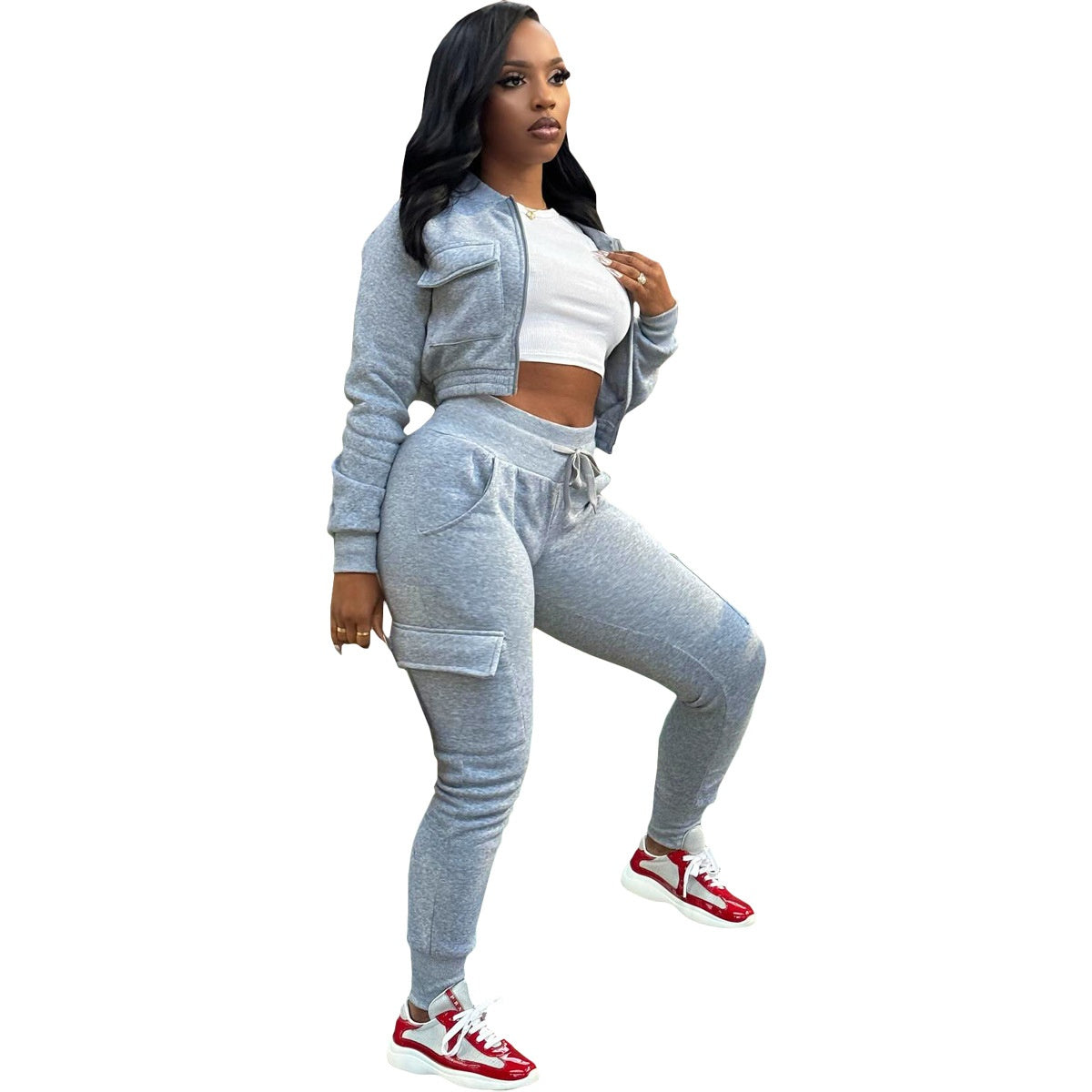 European and American Women'S Clothing Thread Patchwork Sweater Fleece Work Pants Leisure Sports Two-Piece Set