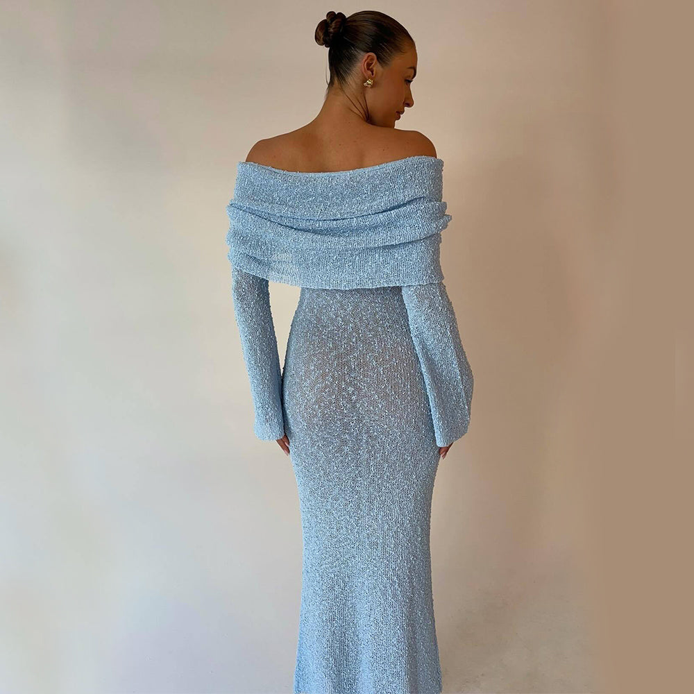 One-Shoulder Knitted Long-Sleeved Dress for Women - Elegant Beach Holiday Attire