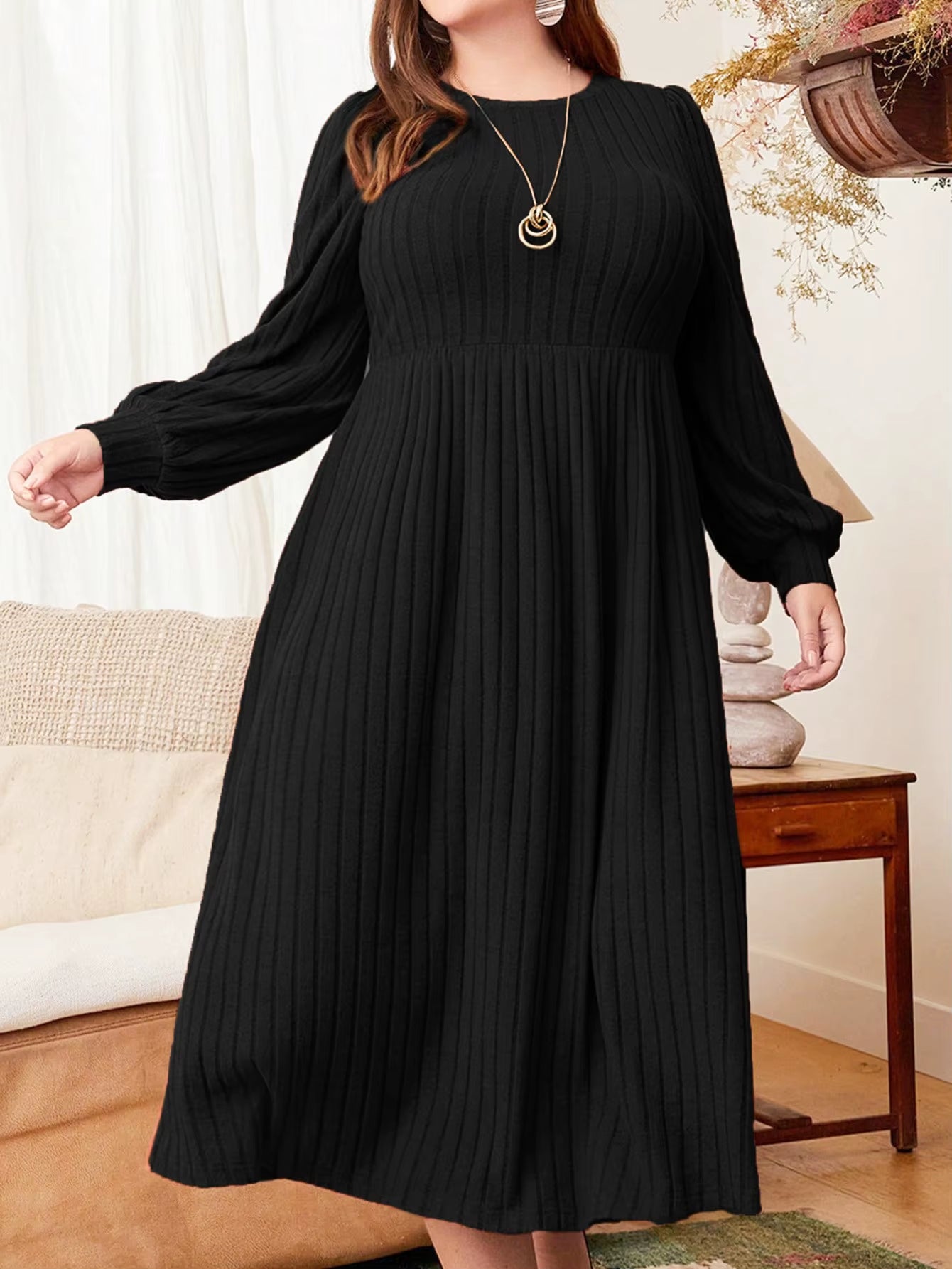 Plus Size Women's Solid Color Long Sleeve Maxi Dress for Autumn and Winter