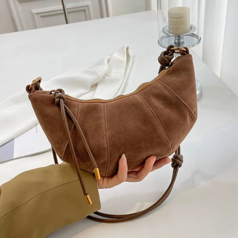 High-Quality Velvet Zipper Shoulder Bag - Solid Color Simple Fashionable Crossbody Handbag in Soft Western Style