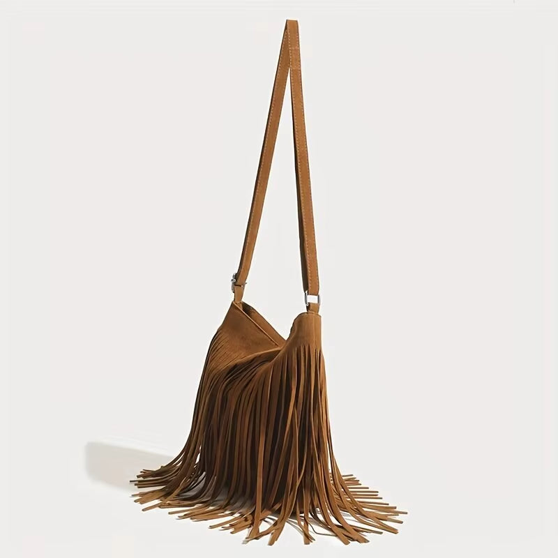 Bohemian-Inspired Suede Crossbody Bag with Tassel Detail - Vintage Casual Fringe Messenger Bag for Women