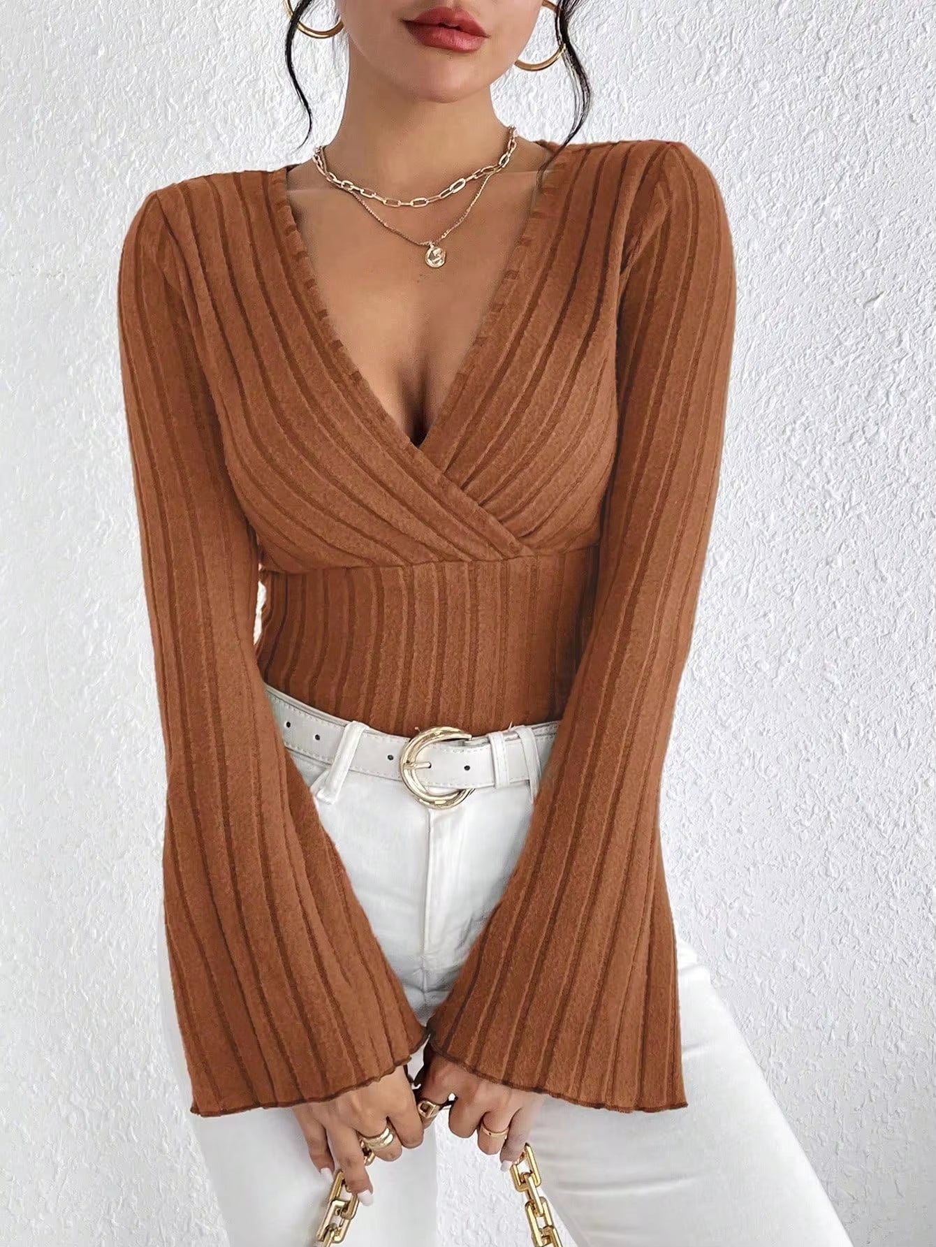 2024 Autumn/Winter V-Neck Solid Color Slim Fit Long Sleeve Women's Knit Top