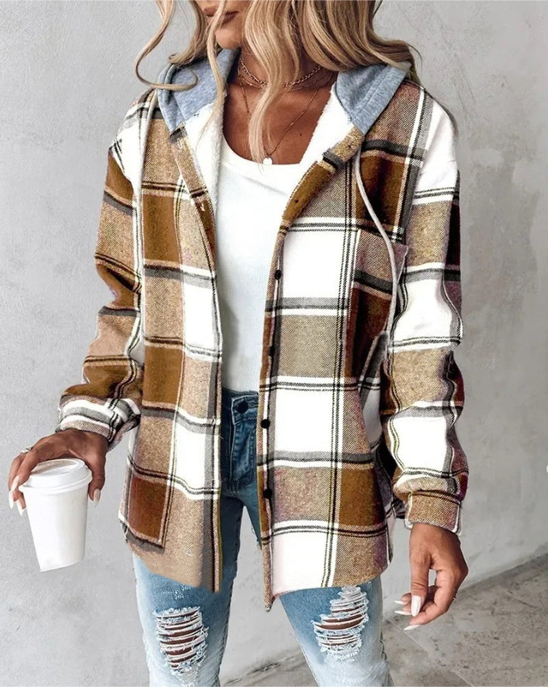 Plaid Hooded Jacket with Button Pockets for Women - Casual Autumn and Winter Outerwear