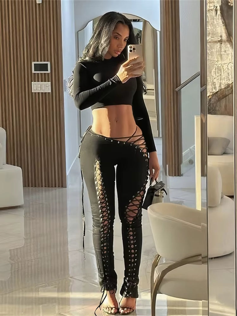 Female Sexy 2 Piece Set Woman O-Neck Navel Exposed Tops+Shirring Irregular Hollow Long Pants Street Fashion Outfits