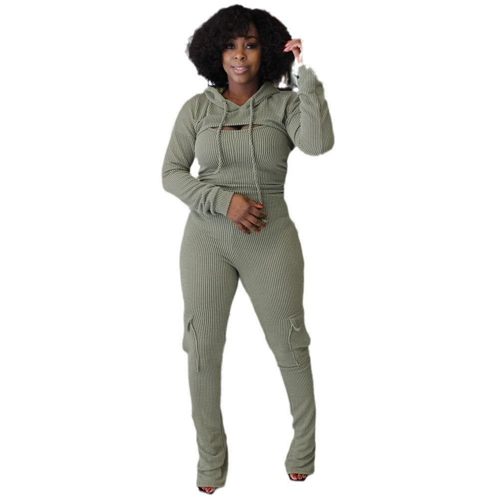 Long-Sleeved Hooded Sling Slim Fit Bodysuit Two-Piece Set
