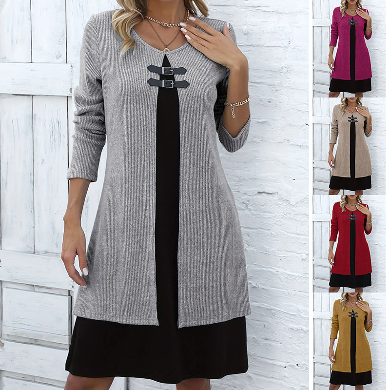 Contrast-Color A-Line Sweater Dress with Buckle Detail, Round Neck, Long Sleeves - Women's Fall/Winter Fashion