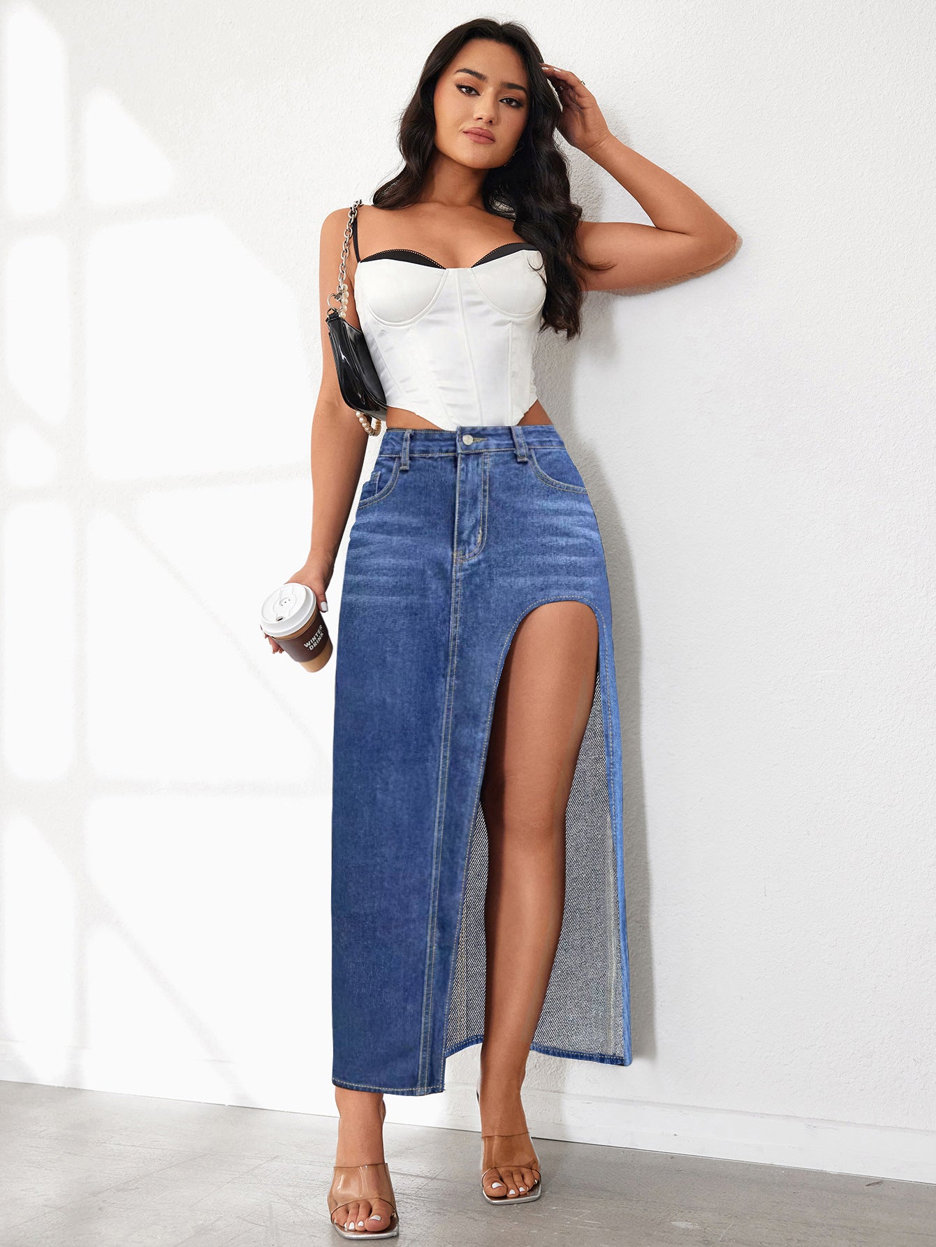 Washed Solid Color Midi Denim Skirt with High Slit for Women