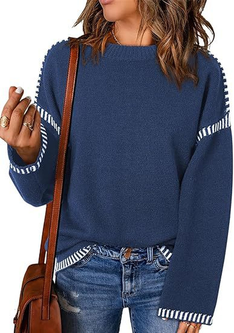 Women's Solid Round Neck Pullover Sweater - Loose Long Sleeve Top for Autumn and Winter