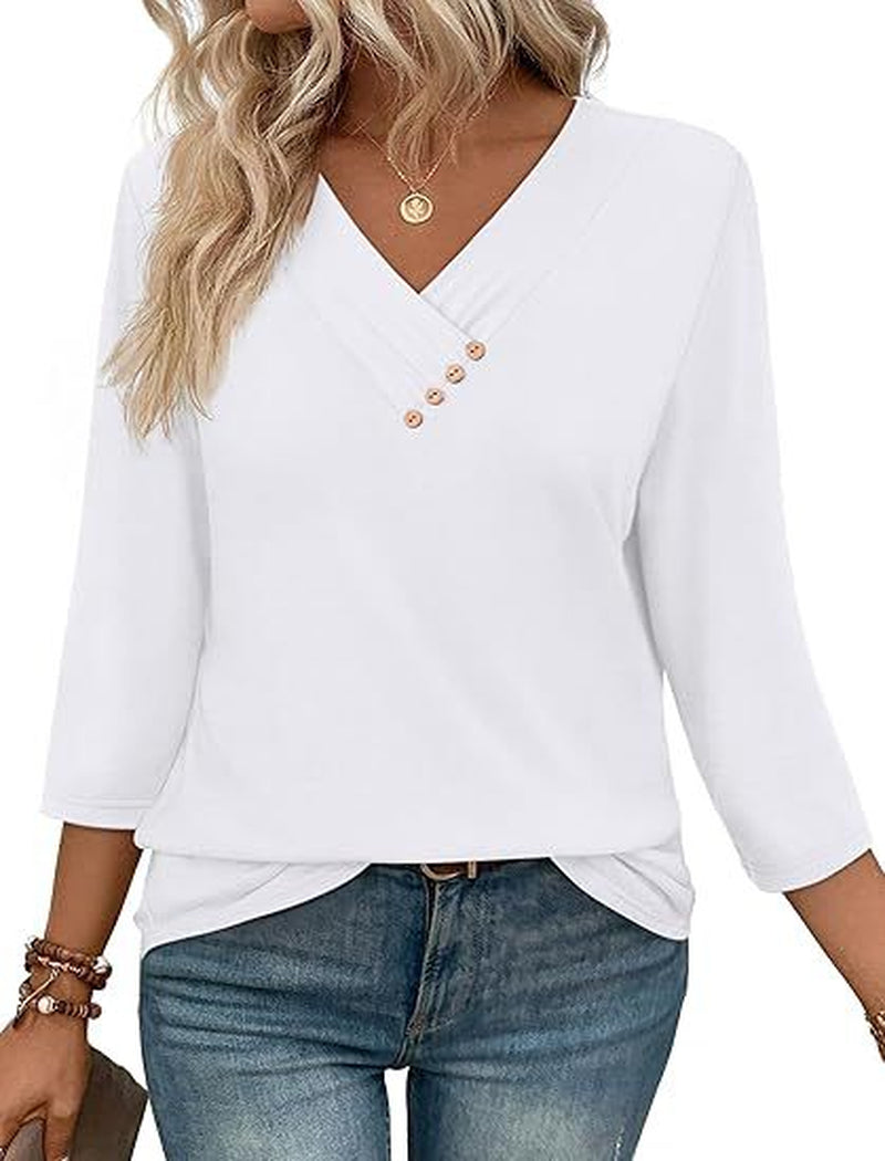 European and American Autumn Women's Button V-Neck Casual T-Shirt