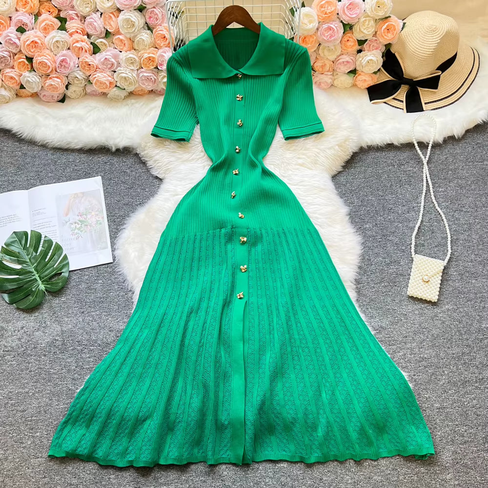 Elegant Vintage Knit Maxi Dress with Turn-Down Collar and Single-Breasted A-Line Design
