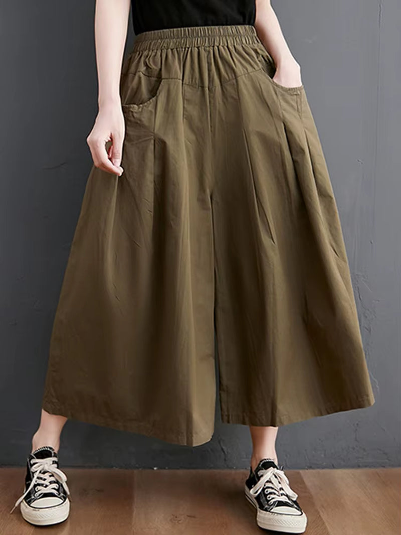 Women's 100% Cotton Wide Leg Pants - Summer 2023 Vintage Style Solid Color Loose Ankle-Length Casual Trousers B2537