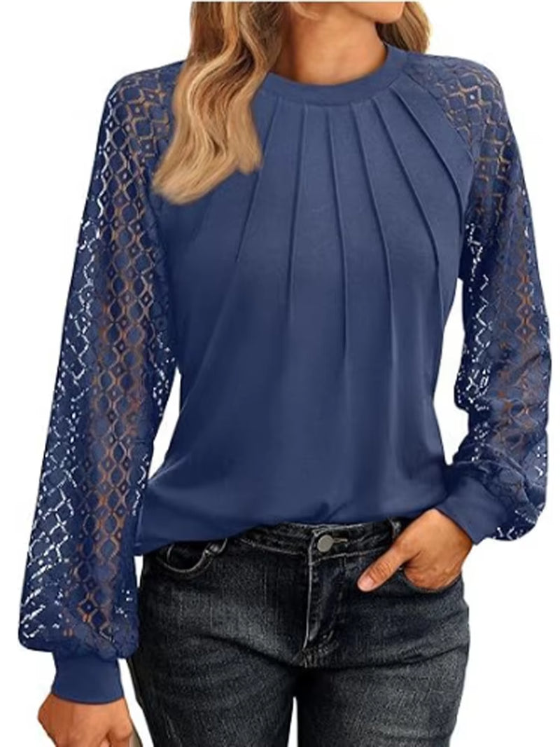 Elegant Lace Pleated Solid Color Blouse for Women - Round Neck Lantern Long Sleeves for Autumn Casual Wear