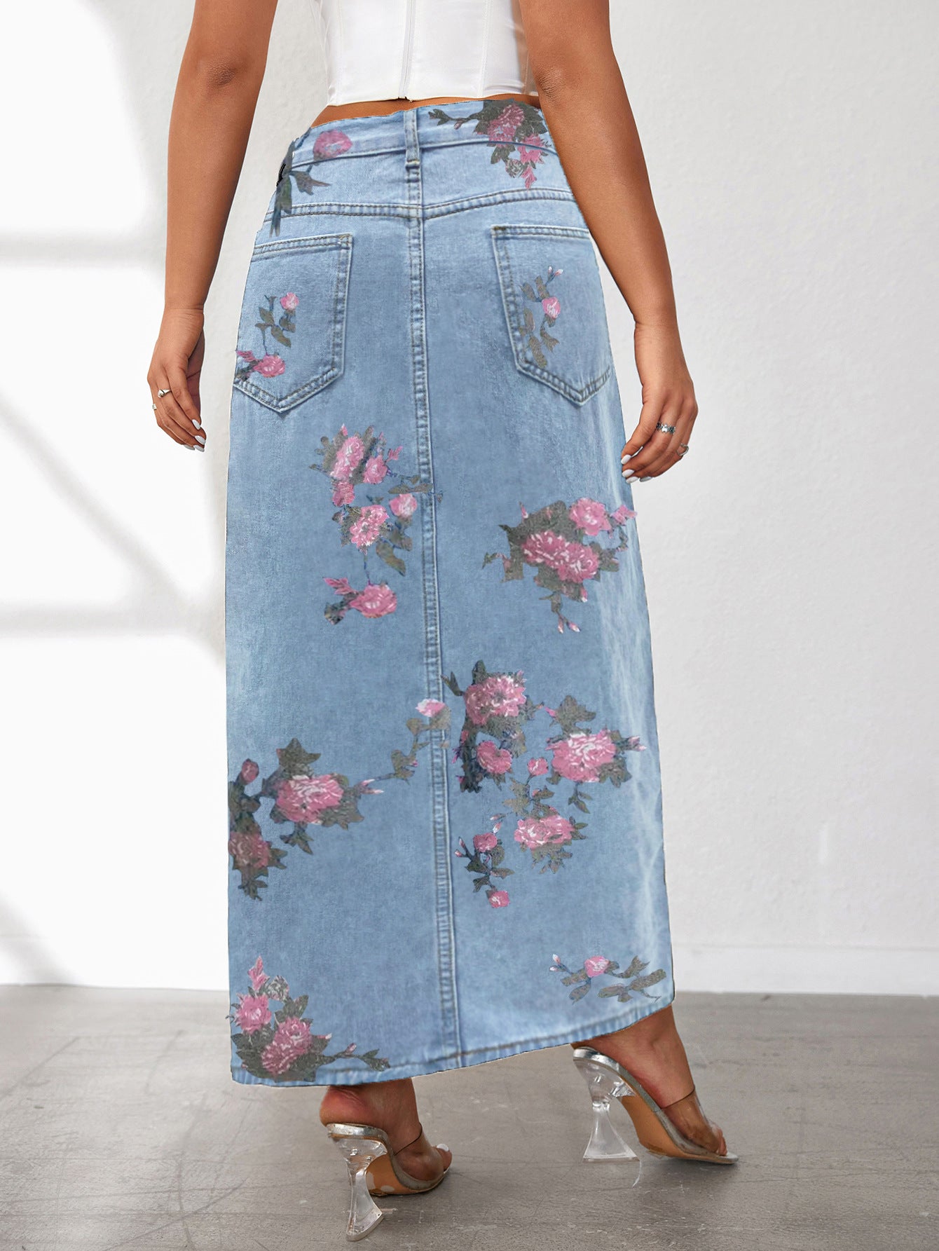 Washed Solid Color Midi Denim Skirt with High Slit for Women