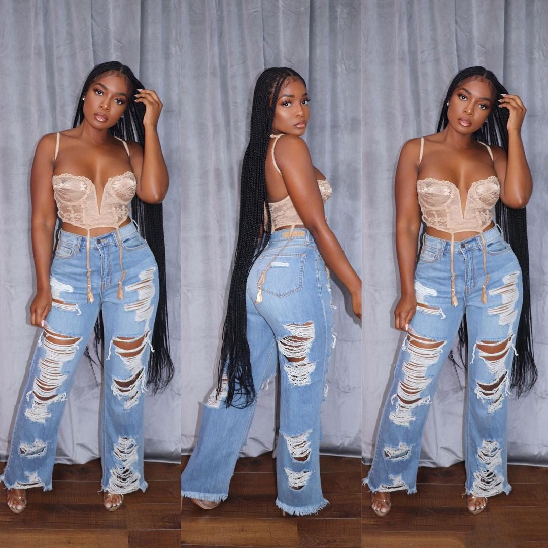 Women's Fashionable Burnt Ripped Denim Jeans