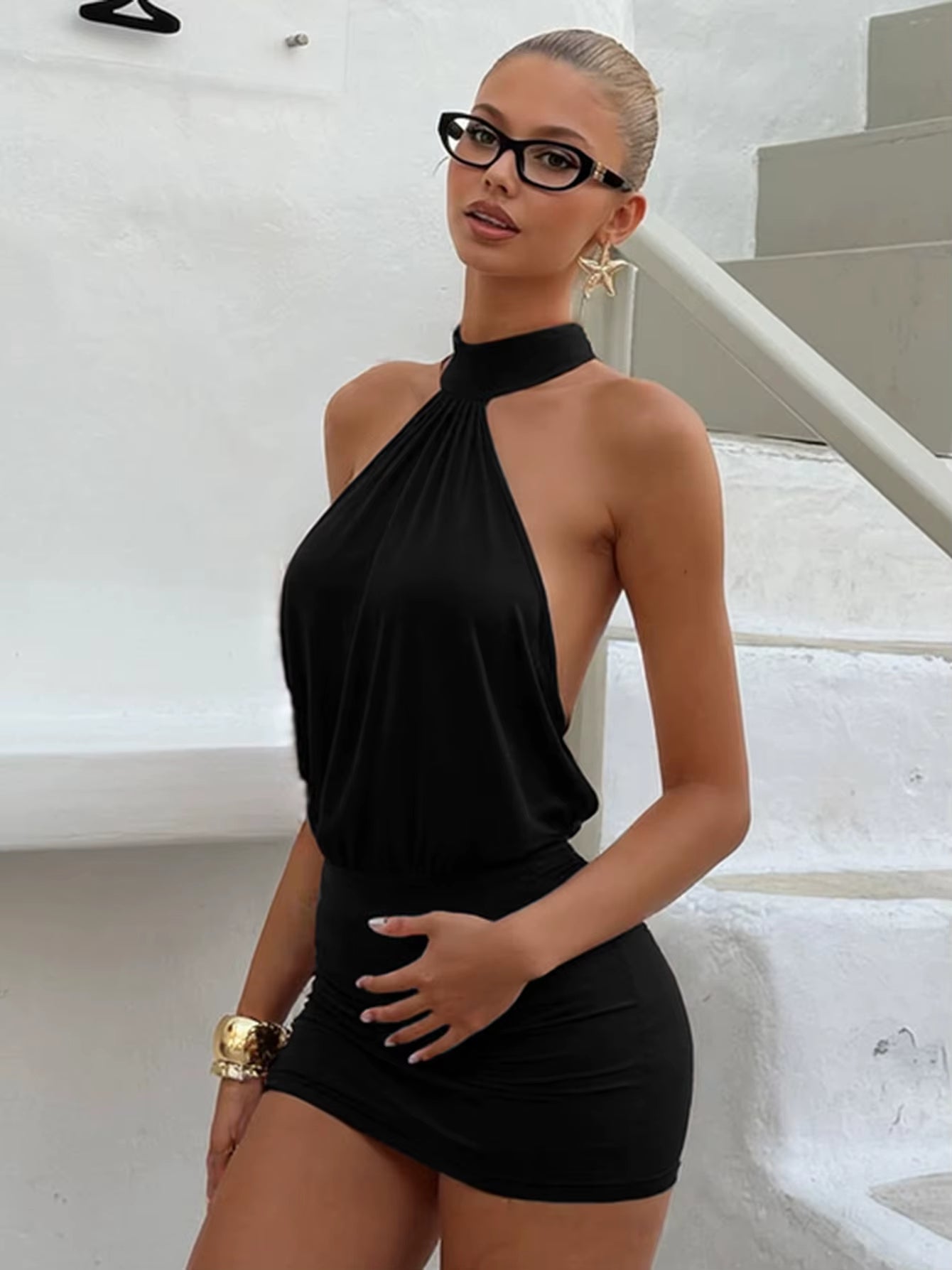 Women's Halter Neck Sleeveless Backless Bandage Ruched Mini Dress for Summer Parties and Vacations