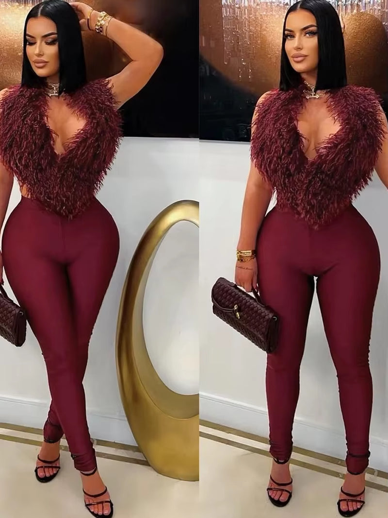 Hipster 2-Piece Set Women Plush Tassel Lace-Up Halter V-Neck Backless Vest+High Elasticity Trouser Sexy Midnight Suits